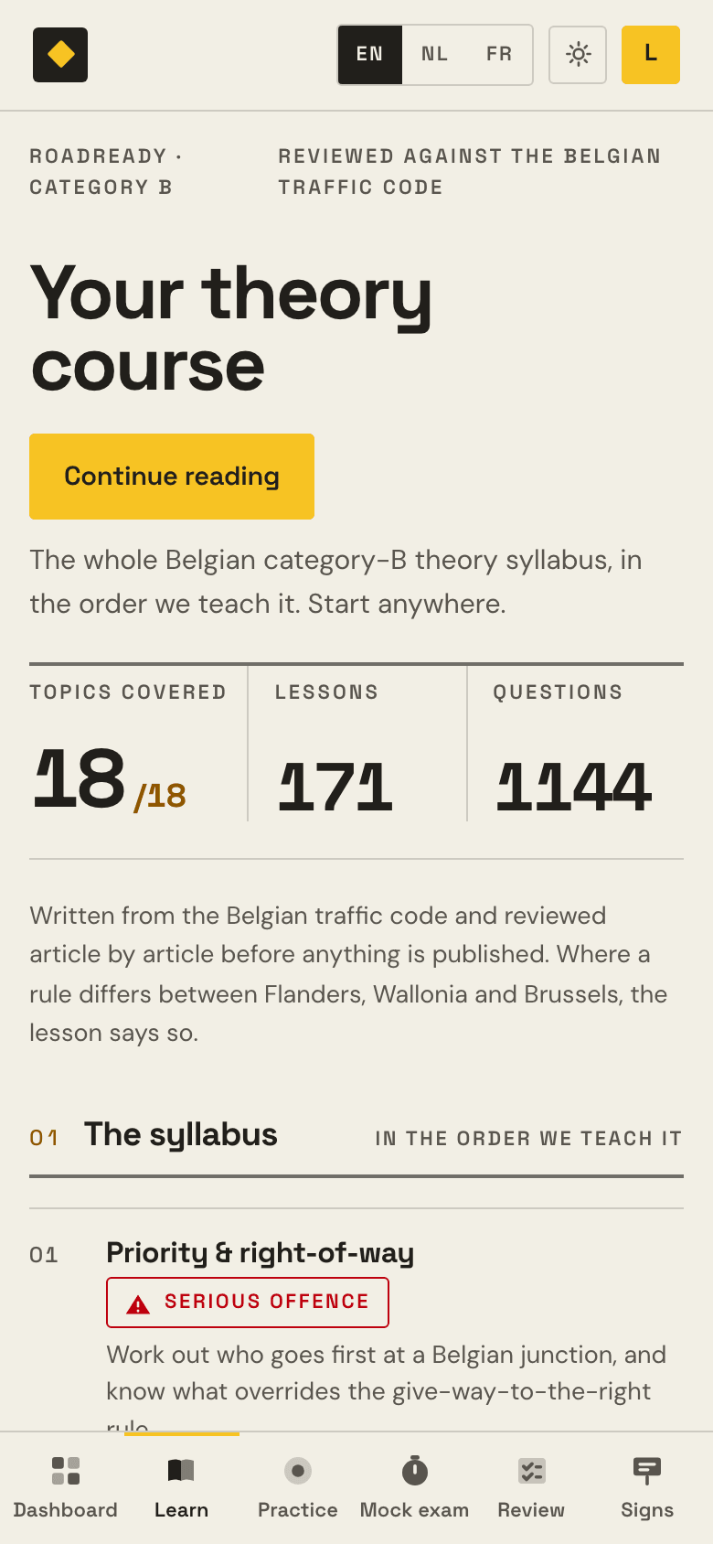 The Learn map in RoadReady: every topic with its lessons and its question count