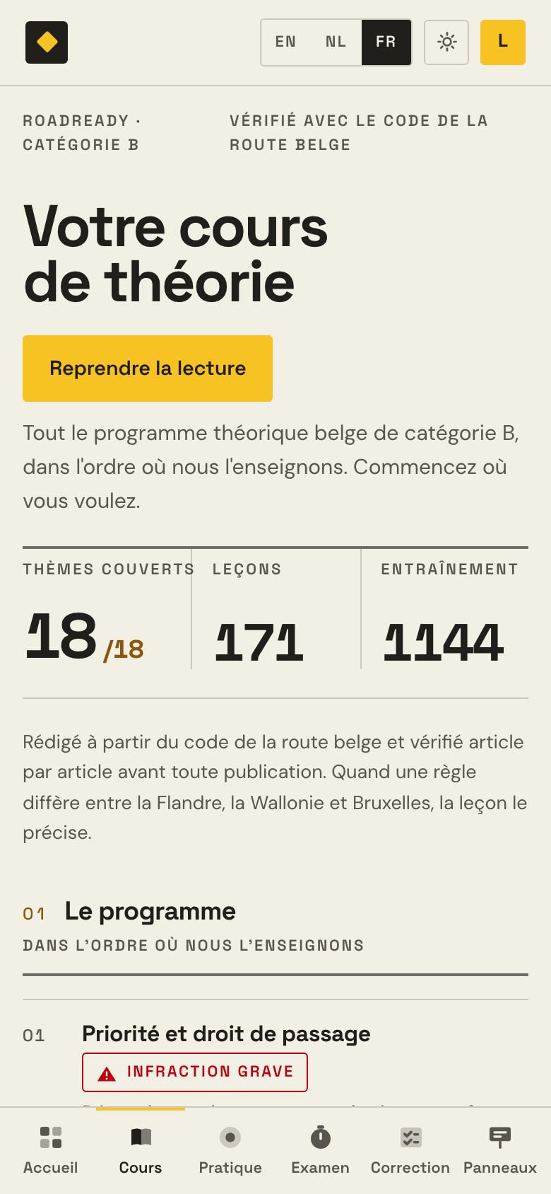 La carte d'apprentissage dans RoadReady : chaque thème avec ses leçons et son nombre de questions