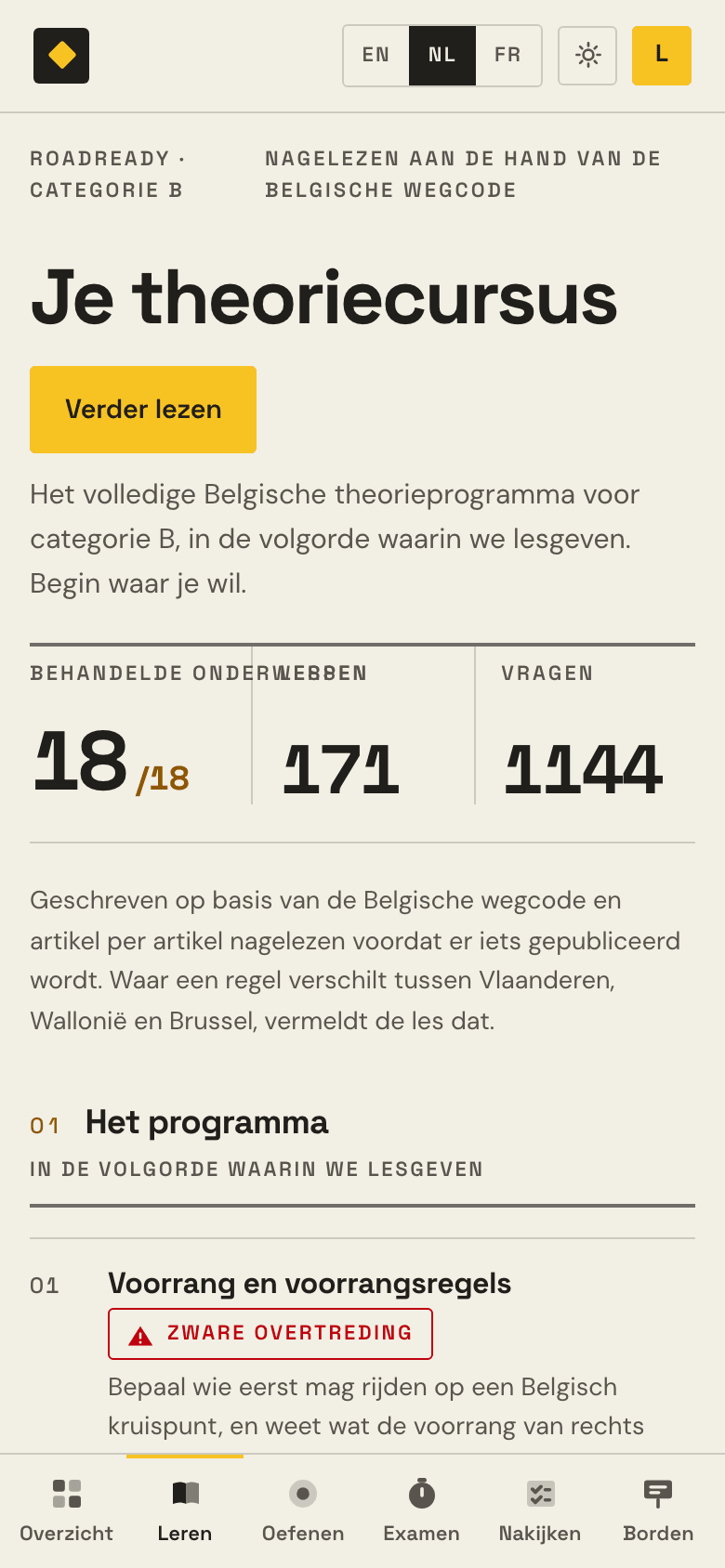 De leerkaart in RoadReady: elk thema met zijn lessen en zijn aantal vragen