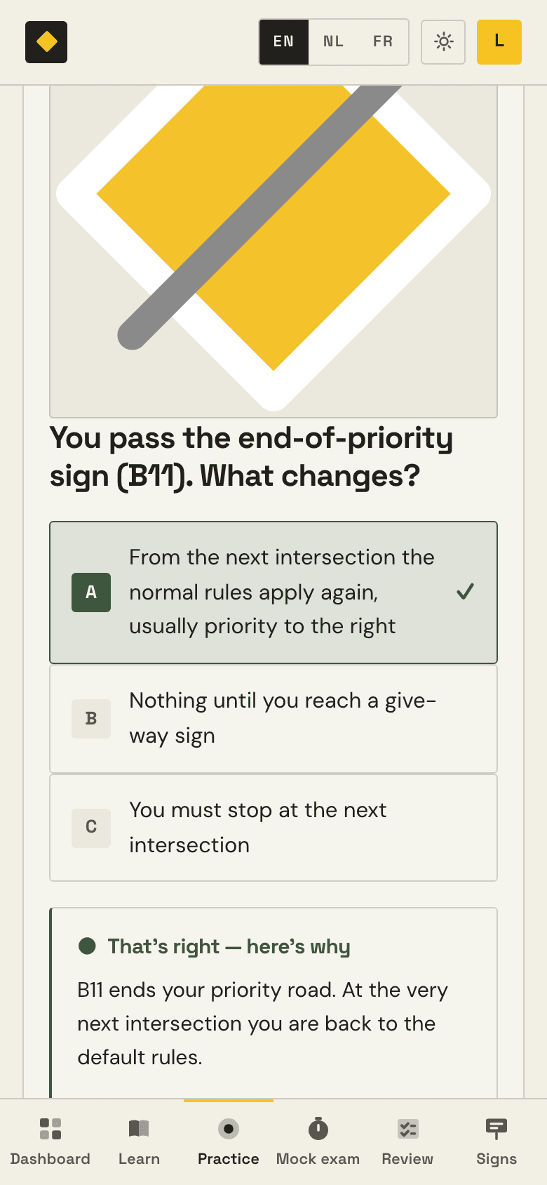 A practice question in RoadReady with its picture, and the explanation of every option