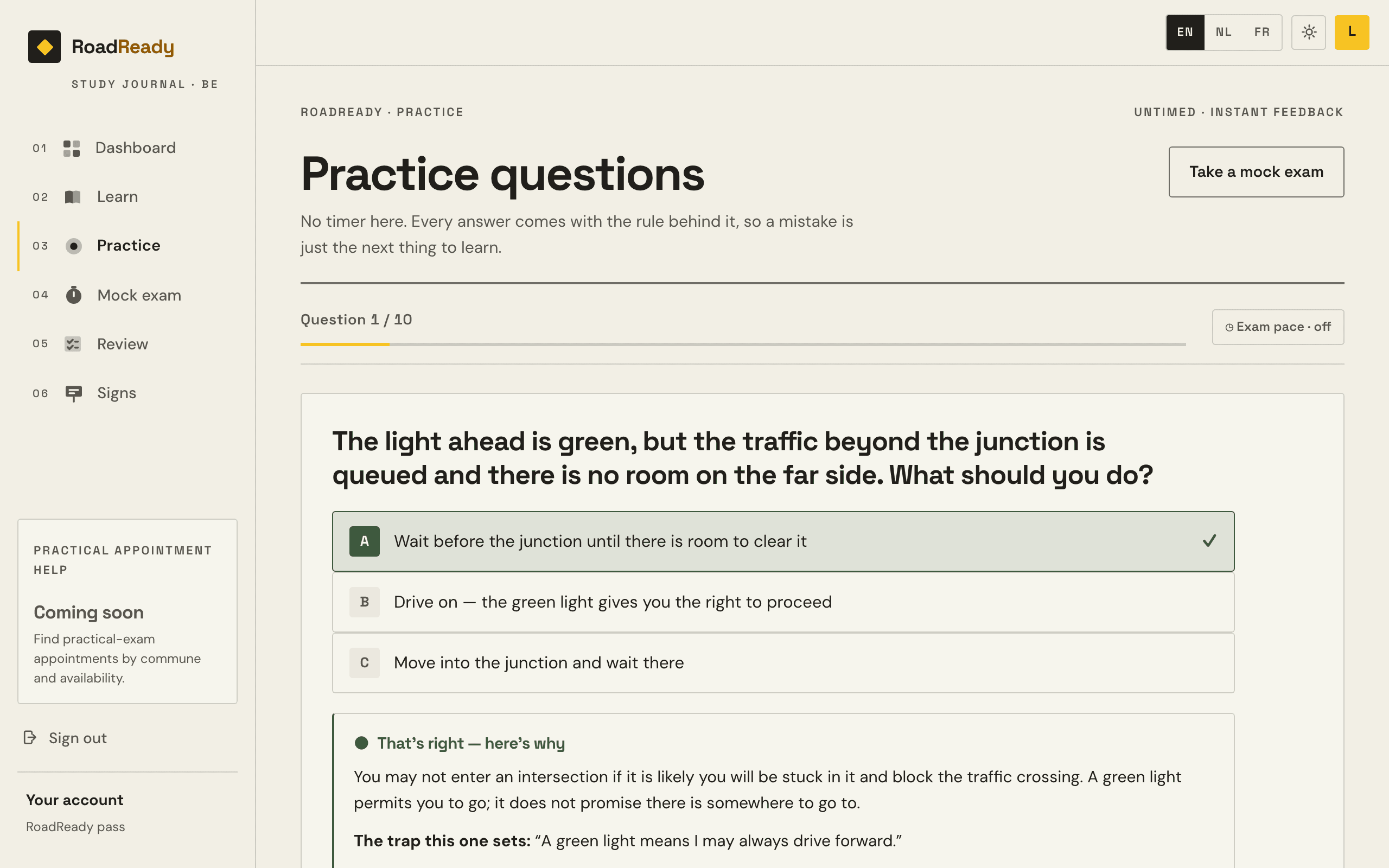A practice question in RoadReady with its picture, and the explanation of every option